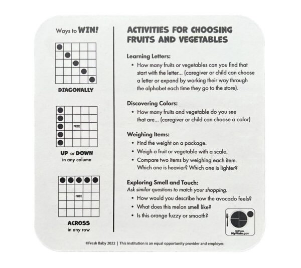 44055E Fruit and Veggie Bingo Card Back 44055E Fruit and Veggie Bingo Card Back